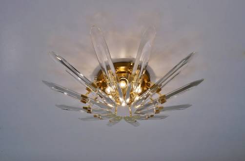 Sciolari ceiling light brass & 12 crystal shards, 1970`s ca, Italian
